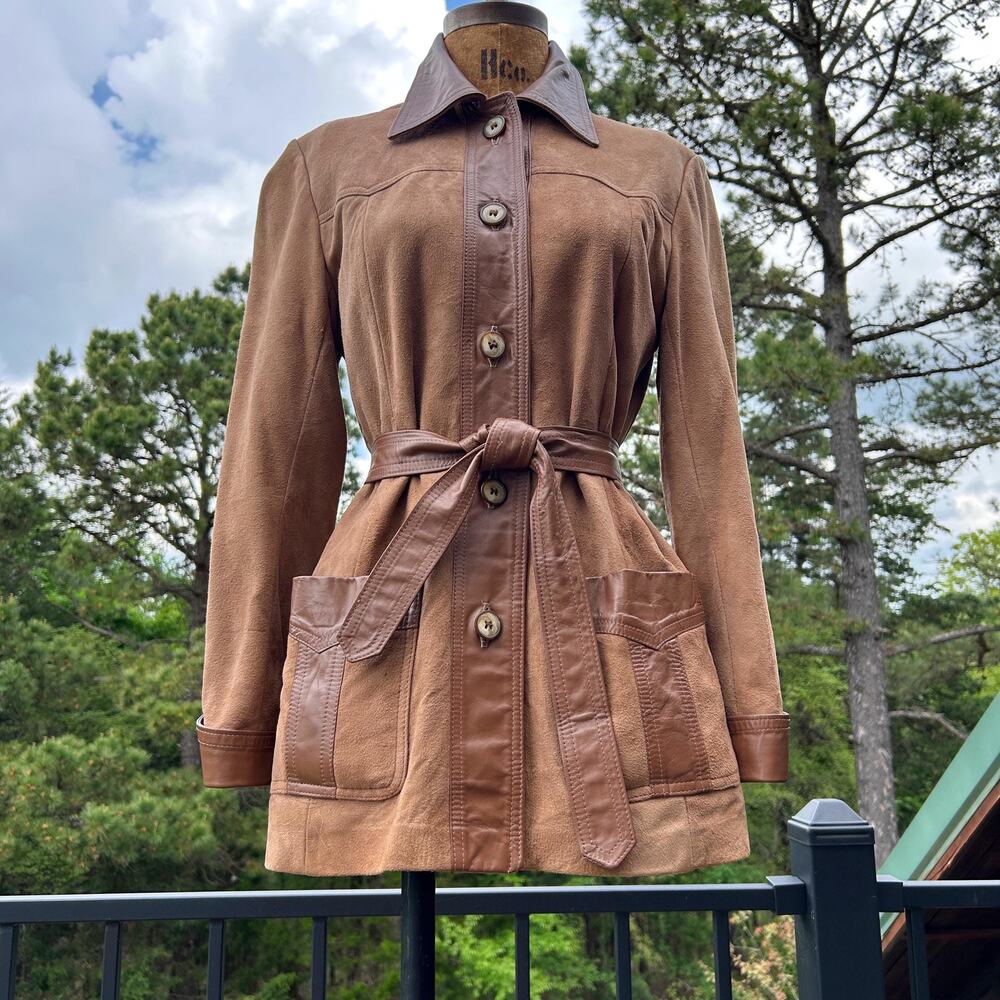 Vintage 60s/70s Suede + Leather Trim Equestrian Boho Western Belted Jacket